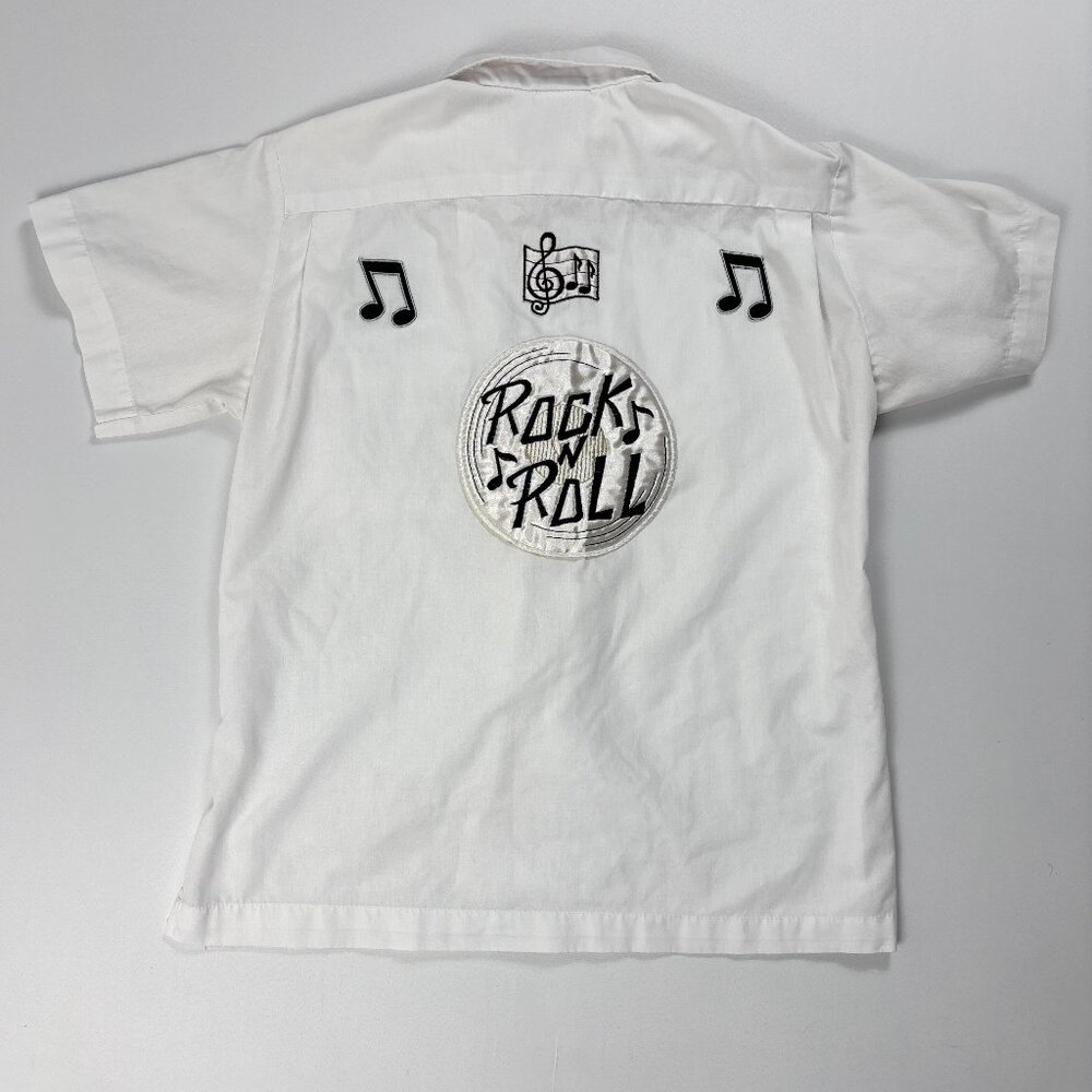 Vintage Rock N Roll Mens Short Sleeve Button Down Shirt White Sz S Hilton Patch